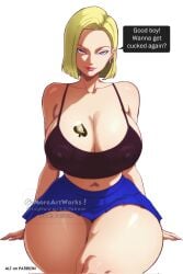 android_18 blonde_hair blue_eyes cuckold dark-skinned_male dragon_ball dragon_ball_super dragon_ball_z gmoreartworks huge_breasts interracial netorare ntr queen_of_spades tattoo wide_hips