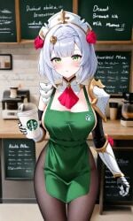 1female 1girls 2026 ai ai_art ai_assisted ai_generated anime anime_style apron armor barista black_pantyhose blush blushed_face board bob_cut braid breast_focus cafe chalkboard cleavage coffee_shop cup expressionless female female_focus female_only frilled_headwear gauntlets genshin_impact girl gloves green_apron green_eyes hair_ornament hazelnut_bee hi_res high_resolution highres holding hoyoverse indoors legs looking_at_viewer maid_headdress menu noelle_(genshin_impact) pantyhose pov red_neckwear rose_hair_ornament short_hair shoulder_armor silver_hair solo solo_female solo_focus standing tagme watermark white_hair white_skin young young_female younger_female