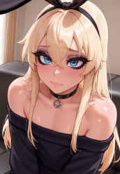 ai_generated blue_eyes blush bunny_ears bustybunz choker femboy goth imminent_oral lipstick makeup nervous shimakaze-kun tagme thick_eyelashes