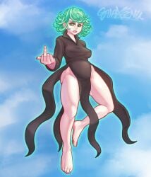 black_dress breasts clothed eyelashes feet floating front_view galaxeenu green_eyes green_hair looking_at_viewer middle_finger nipple_outline one-punch_man open_mouth slightly_chubby tan_skin tatsumaki thick_thighs wide_hips