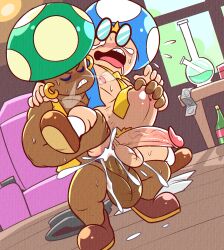 background belly_bulge blonde_hair crying dark_skin earrings fun_gus gay male male/male male_only mario_(series) nintendo nose_bubble nose_steam standing_sex sweating toad_(mario) toadbert vest_only