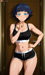 ai_generated black_hair blue_eyes boruto boruto:_naruto_next_generations female female_focus legs naruto naruto_(series) seductive sexy sexy_body sexy_female sexy_pose sexyexxchi short_hair shorts smile solo solo_female thighs uzumaki_himawari
