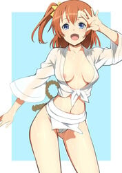 areolae blue_eyes blush breasts brown_hair female fundoshi kousaka_honoka looking_at_viewer love_live! love_live!_school_idol_project medium_breasts navel nipples no_bra open_mouth pointy_chin see-through shin'ya_(shin'yanchi) side_ponytail smile solo standing yamakasa