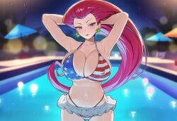 circle_ueponzu ai_generated jessie_(pokemon) pokemon tagme pink_hair long_hair earrings blue_eyes blush posing hands_behind_head arms_up armpits breasts large_breasts bikini usa_bikini wide_hips slim_waist voluptuous skirt navel pool poolside