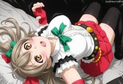 1girl ai_generated bed bed_sheet belt black_background black_belt black_thighhighs blush bokura_wa_ima_no_naka_de bow bowtie breasts brown_eyes brown_hair center_frills emphasis_lines female fingerless_gloves frills gloves green_bow green_bowtie hair_bow jousneystudio large_breasts long_hair looking_at_viewer love_live! love_live!_school_idol_project lying minami_kotori miniskirt on_back on_bed one_side_up open_mouth pleated_skirt red_bow red_gloves red_skirt shirt short_sleeves skirt solo thighhighs twitter_username white_shirt yellow_eyes zettai_ryouiki