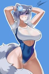 1girls 3am absurdres animal_ears arms_behind_head ass bare_hips big_breasts blue_background blue_eyes blue_flower blue_hair breasts curvy female flower hair_flower hair_ornament hair_over_eyes hibiscus highres hips large_breasts looking_at_viewer lumpystilskin52 massive_breasts raccoon_ears raccoon_girl raccoon_tail short_hair sidelocks smile snuffy solo sweat swimsuit tail thick thick_ass thick_thighs thighs virtual_youtuber vtuber wide_hips