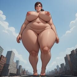 1girls ai_generated alternate_breast_size breasts_bigger_than_head brown_hair city destruction ellie_(the_last_of_us) ellie_williams fat fat_female female female_only female_thick_thighs freckles giantess green_eyes light-skinned_female nude perchance_ai solo stomping the_last_of_us walking_towards_viewer