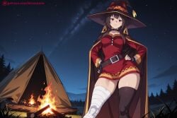 ai_generated bandaged_leg bandages belt black_hair black_legwear blush breasts cape dress female female_only fingerless_gloves fire gloves hand_on_hip hands_on_hips hat hi_res high_quality high_resolution kiraamane kono_subarashii_sekai_ni_shukufuku_wo! looking_at_viewer megumin night night_sky patreon patreon_username red_eyes seductive sexy short_hair single_thighhigh sky smile solo star_(sky) starry_sky thighhighs uncensored watermark witch_hat