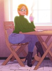 1girls 2d anasheya artist_signature black_boots black_high_heel_boots boots breasts closed_smile clothed digital_media female female_only glasses green_turtleneck high_heel_boots high_heels holding_cup human human_only jeans large_breasts light-skinned_female light_skin looking_to_the_side orange_hair parted_bangs plate ribbed_sweater short_hair sitting_on_chair spooning turtleneck_sweater wooden_chair wooden_table