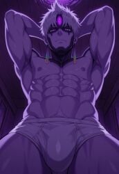 1boy abs ai_generated arms_behind_head bsky_link bulge civitai close_up dandadan dvxxxgrai gay illustrious_(stable_diffusion) indoors jin_enjoji male male_only male_underwear navel nipples nude smile solo solo_male tagme underwear underwear_only yaoi
