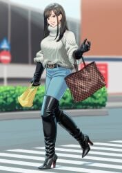 1girls bag belt belt_buckle black_belt black_boots black_gloves blue_pants boot_fetish boots brown_hair buckle crosswalk denim elbow_carry elbow_gloves english english_text enkaboots female female_only gloves handbag hedge heel_boots heeled_boots heels high_heel_boots high_heels highres imminent_sex jeans leather leather_boots leather_clothing leather_gloves long_hair long_hair_female looking_at_viewer older_female original original_character original_characters outdoors pants pants_tucked_in plastic_bag road_sign shopping sign smile solo sweater sweater_dress thigh_boots thigh_highs thighhigh_boots thighhighs thighs tight_clothing turtleneck turtleneck_sweater walking yellow_bag