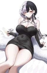 1girls absurdres bare_legs black_choker black_dress black_hair black_nails breasts choker cleavage cup curvy dress earrings feather_boa female hair_ornament highres holding holding_cup hololive hololive_english jewelry large_breasts leaning_back long_hair looking_at_viewer mintz912 multicolored_hair parted_lips shiori_novella simple_background sitting solo split-color_hair thighs two-tone_hair very_long_hair virtual_youtuber white_background white_hair wide_hips yellow_eyes