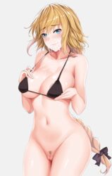 areola_slip areolae bangs bikini_top black_bow blue_eyes blush bottomless bow braid breast_grab breasts closed_mouth cowboy_shot cum cum_on_body cum_on_breasts cum_on_upper_body eyebrows_visible_through_hair facial fate/apocrypha fate_(series) female grabbing grey_background groin hairbow jeanne_d'arc_(fate) long_hair looking_at_viewer low-tied_long_hair navel pubic_hair pussy shiny shiny_skin simple_background single_braid smile solo standing stomach strap string_bikini uncensored very_long_hair yanochi