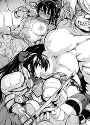 armor belt bow breasts female hairbow human human_female male male/female monochrome nipples open_mouth orc orc_male original pointy_ears ponytail sword torn_clothes weapon yuugiri