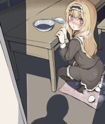 1girls aroused az84997592 black_skirt black_thighhighs blonde_hair blush bowl chair commentary_request doorway drooling egg egg_laying female frilled_hairband frilled_skirt frills hairband highres long_hair looking_at_viewer nose_blush original panties pov_shadow purple_eyes skirt squatting steam sweat table thighhighs towel underwear unworn_panties