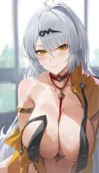 1girls absurdres ahoge armlet between_breasts blush breasts cleavage closed_mouth convenient_censoring female grey_hair hair_ornament highres huge_breasts jacket jewelry long_hair necklace off_shoulder orange_jacket single_bare_shoulder solo white_hair window yellow_eyes yixuan_(zenless_zone_zero) yonesdraws zenless_zone_zero zipper