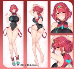1girls arms_up back_cutout bare_legs black_one-piece_swimsuit blush clothing_cutout dakimakura_(medium) female halcon hands_up highres looking_at_viewer lying multicolored_swimsuit multiple_views on_back on_stomach one-piece_swimsuit parted_lips pink_hair pyra short_hair smile sweat swimsuit xenoblade_(series) xenoblade_chronicles_2