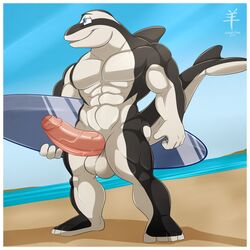 2017 aaron_(artist) abs anthro balls beach biceps big_balls big_muscles big_penis blue_eyes border cetacean dolphin erection hi_res huge_balls huge_cock kai_wheatley male male_only mammal marine muscular nude partially_retracted_foreskin pecs penis pepsi_(fa) sea seaside sky solo standing stripper surfboard surfer thick_penis uncut vein water white_border