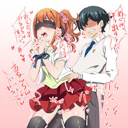 1boy black_hair black_legwear blindfold blush bondage bound bound_wrists clothed_sex eromanga_sensei female gradient_background graident hair_ornament heart izumi_masamune jinno_megumi long_sleeves muganof necktie open_mouth ponytail sex short_hair short_sleeves skirt standing straight tan_penis tan_skin teeth text thighhighs translation_request