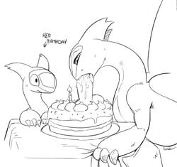 birthday birthday_cake blush burning_candle cake candle closed_eyes dildo english_text feral food latias legendary_pokemon monochrome nintendo open_mouth pokemon pokemon_(species) sex_toy simple_background text unknown_artist video_games white_background