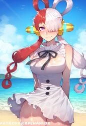 ai_generated beach big_ass big_breasts big_butt big_thighs blush huge_ass huge_butt huge_thighs meodium_breasts multicolored_hair one_piece outdoors purple_eyes red_hair twintails uta_(one_piece) wanuze wet white_hair wide_hips wind_lift