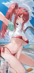 1girls 2girls absurdres aqua_hairband bag bikini black_choker blue_sky breasts choker clothes_in_mouth cloud commentary crop_top day elegg_(nikke) goddess_of_victory:_nikke hairband high_ponytail highres incredibly_absurdres jhk k.j. large_breasts looking_at_viewer mouth_hold multiple_girls navel outdoors ponytail pool pool_ladder rapi_(nikke) rapi_(red_hood)_(nikke) rapi_(red_hood)_(red_flavor)_(nikke) red_bikini red_eyes red_hair revision shirt_in_mouth sky solo_focus submerged swimsuit water