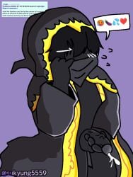 1boy artist_name black_cloak black_skin blush cloak cloak_only cum_shot emoji face_covered forsaken_(roblox) jerking jerking_off jerkingoff male male_only no_eyes roblox scarf scarf_over_mouth solo solo_male sukyung5559 tagme taph_(forsaken) veiny_penis watermark