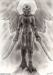 anthro avian avian_arms avian_feet beak bird breasts claws corvid corvus_(genus) dual_wielding elenora_(bahumot) feathered_wings feathers featureless_breasts feet female genitals grrrwolf holding_object holding_weapon melee_weapon non-mammal_breasts nude nude_anthro nude_female oscine passerine pussy raven scuted_arms scutes simple_background solo sword tail tail_feathers talons toes vulva weapon wings