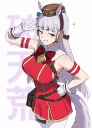1girls absurdres ammak animal_ears blush breasts brown_hat commentary_request female gloves gold_ship_(umamusume) grey_hair hand_on_own_hip hat highres horse_ears horse_girl horse_tail large_breasts long_hair purple_eyes smile solo tail umamusume v white_gloves