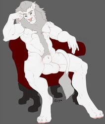 2016 4_toes 5_fingers animal_genitalia anthro armchair barefoot biceps big_testicles biped body_hair chair chest_hair digitigrade ear_piercing eyebrows feline front_view full-length_portrait fully_sheathed fur furry green_eyes grey_background grey_fur grey_mane happy_trail highres humanoid_hands lion looking_at_viewer male male_only mammal mane missy_(artist) multicolored_fur muscular muscular_male nude orion_mckracken pecs piercing pink_nose portrait sheath signature simple_background sitting smile solo tail_tuft testicles toes tuft two_tone_fur white_fur white_lion white_tail white_testicles