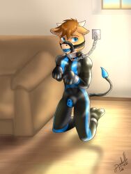 anthro bondage bondage bound bovid bovine bulge chained chains clothing collar drakethefox hi_res latex latex_clothing latex_skinsuit male mammal orthank petplay puppyplay roleplay shock_collar skinsuit slave solo taur tight_clothing