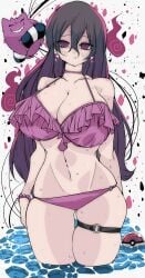 1girls @_@ bikini black_hair blush bracelet breasts choker cleavage closed_eyes collarbone earrings female fire gengar grin hair_between_eyes hex_maniac hex_maniac_(z-a) hitodama huge_breasts innertube jewelry kinakomochi_(user_vedc2333) lace lace-trimmed_swimsuit lace_trim large_breasts long_hair looking_at_viewer lowleg lowleg_bikini mature_female messy_hair navel nintendo o-ring o-ring_bikini parted_lips poke_ball poke_ball_(basic) pokemon pokemon_(creature) pokemon_legends:_z-a purple_bikini purple_eyes purple_hair smile standing swim_ring swimsuit teeth thigh_strap very_long_hair wading water wet white_background