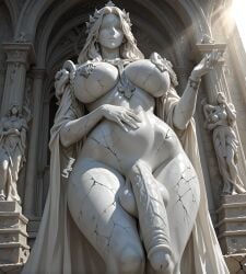 1futa ai_generated balls big_balls big_breasts big_penis breasts cracked_skin expressionless eyeless flaccid flaccid_penis futa_only futanari god_rays goddess hand_on_stomach hand_up hi_res highres huge_balls huge_breasts huge_cock inanimate intersex laurel_crown lifelike low-angle_view lpyxel original penis self_upload statue stone stone_body thick_thighs veiny_penis watermark wide_hips