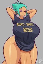 1futa almost_naked arms_behind_head arms_up balls breasts cerebella curvy fibilis funny futanari futasub gigantic_balls gigantic_penis green_hair half-erect huge_balls huge_breasts hung_bottom hyper hyper_balls hyper_penis intersex looking_at_viewer penis ponytail purple_eyes skullgirls smile solo t-shirt t-shirt_only tan_skin thick_thighs voluptuous wide_hips