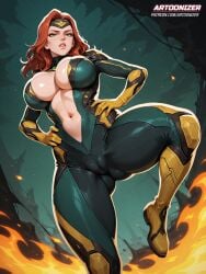 ai_generated artoonizer ass big_ass big_breasts bodysuit cameltoe cleavage flames green_eyes hands_on_hips headband huge_breasts jean_grey light-skinned_female low-angle_view marvel marvel_comics marvel_rivals pale_skin phoenix phoenix_(marvel_rivals) phoenix_(x-men) posing red_hair ruins spread_legs superheroine thick_ass thick_thighs x-men