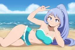 1girls absurdres beach bikini blue_bikini blue_eyes blue_hair blue_sky boku_no_hero_academia breasts cleavage closed_mouth cloud cloudy_sky commentary day female hand_up high_ponytail highres large_breasts looking_at_viewer my_hero_academia navel nejire_hado ocean outdoors ponytail sand simple_bird sky smile solo stayaliveplz swimsuit v