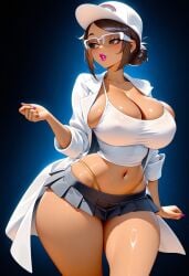 bimbo brown_hair brown_hair glasses hairbun hat huge_breasts labcoat lipstick microskirt pokemon professor_kukui rule_63 rule_63 skindentation tagme tanned tanned_female tanned_skin thong
