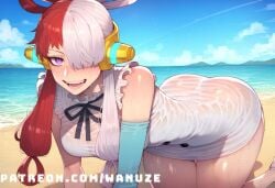 ai_generated all_fours beach big_ass big_breasts big_butt big_thighs blush huge_ass huge_butt huge_thighs meodium_breasts multicolored_hair one_piece outdoors purple_eyes red_hair twintails uta_(one_piece) wanuze wet white_hair wide_hips wind_lift