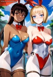 2girls ai_generated animal_ears arms_behind_back bangs bare_shoulders berserk black_hair blonde_hair blue_eyes blue_leotard blue_sky blunt_bangs bob_cut boots bow bowtie breasts brown_eyes brown_footwear brown_hair casca cleavage cloud collarbone covered_navel cowboy_shot dandanhub dark-skinned_female dark_skin day detached_collar fake_animal_ears farnese female highleg highleg_leotard large_breasts leotard lips long_hair looking_at_viewer medium_breasts multiple_girls outdoors pantyhose parted_lips playboy_bunny rabbit_ears rabbit_tail red_bow red_bowtie red_leotard short_hair sky standing strapless strapless_leotard tail thigh_boots thigh_strap thighhighs wrist_cuffs