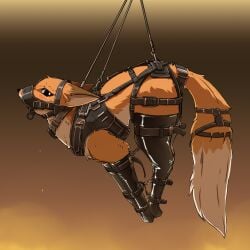 absurd_res ambiguous_gender belt blush bodily_fluids bondage bondage bound bridle brown_ears canid canine clothing countershading fadingsky feral fox fur harness hi_res latex latex_clothing latex_legwear legwear long_tail looking_at_viewer mammal orange_body orange_eyes orange_fur solo suspension suspension_bondage tail tail_bondage tail_tied tears white_body white_fur white_tail