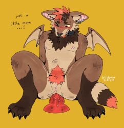 >_o 2025 4_toes anal anal_fluids anal_sex anthro armpit_hair bat bat_wings big_pubes birdpaw_(artist) black_collar blush bodily_fluids body_hair brown_body brown_ears brown_fur brown_hair brown_tail brown_wings cheek_tuft collar collar_only countershade_fur countershading crouching dialogue digital_drawing_(artwork) digital_media_(artwork) dildo dildo_in_ass dildo_insertion dipstick_tail ear_piercing ear_ring english_text facial_tuft feet front_view full-length_portrait fur hair hi_res highlights_(coloring) leg_markings looking_down male mammal markings megabat membrane_(anatomy) membranous_wings multicolored_hair nipple_piercing nipples nude nude_anthro nude_male nullo object_in_ass one_eye_closed penetration piercing pink_inner_ear pink_nipples portrait pubes red_armpit_hair red_dildo red_eyes red_hair red_highlights red_pubes red_tail red_tail_tip ring_piercing sex_toy sex_toy_in_ass sex_toy_insertion shaded simple_background socks_(marking) solo tail tail_markings tan_body tan_countershading tan_membrane tan_tail tan_wings teeth text toes tuft two_tone_hair wings yellow_background yellow_sclera