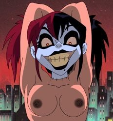 1girls 2d 2d_(artwork) accurate_art_style areola areolae arms_behind_head arms_up bad_teeth black_lipstick breasts city city_background cityscape clavicle clown_girl collarbone color colored crazy_eyes crazy_girl crazy_smile dc dc_comics dyed_hair evil evil_grin eyebrows eyelashes female female_focus female_only grin grinning hair harleen_quinzel harley_quinn harley_quinn_(gods_and_monsters) j_d_ jester jester_girl justice_league:_gods_and_monsters light-skinned_female light_skin lipstick looking_at_viewer mole mole_on_chin mole_under_mouth nipples no_bra no_clothes no_sex orange_eyes orange_pupils psycho psychopath red_and_black_hair red_eyes red_iris self_upload shaded shiny_hair showing_off_breasts simple_shading smile smiling smiling_at_viewer solo solo_female solo_focus stitched stitched_neck stitches teeth tied_hair toothy_grin twintails two_tone_hair uncensored uncensored_breasts uncensored_nipples white_face white_facepaint white_sclera yellow_teeth