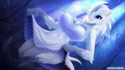 anthro big_breasts blue_eyes breasts clothed clothing detailed_background eipril gray_body gray_fur hair hips horn long_hair looking_at_viewer rimworld tail thick_thighs thighhighs thrumbo thrumbo_(species) white_body white_fur white_hair white_horn wide_hips