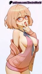 1girls 2025 ai_generated artist_name bangs blue_eyes blue_ribbon breasts breasts breasts bust chest electroworld eyebrows_visible_through_hair female glasses gradient gradient_background hi_res high_quality high_resolution highres kuriyama_mirai kyoukai_no_kanata looking_at_viewer off_shoulder open_mouth patreon patreon_username red-framed_eyewear ribbon short_hair solo stable_diffusion tongue tongue_out watermark