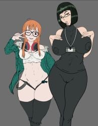2girls ahoge around at atlus background bangs bare behind-the-head big_breasts black black_hair blunt bob boots breasts closed color covered crop curvy cut eyes female female_only flat fur fur-trimmed girls glasses green grey grin hair headphones hips huge huge_breasts jacket knee large large_breasts long looking megami_tensei milf mother_and_daughter multiple navel neck nipples off one orange orange_hair over pants persona persona_5 pussy sakura_futaba shirt short shorts shoulder shoulders simple smile source_request thick thighhighs thighs top trim v viewer wakaba_ishiki wankofool wide