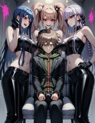 1boy 3girls :o ai_generated bare_shoulders black_gloves black_pants black_strapless boner bulge bulge_through_clothing danganronpa danganronpa:_trigger_happy_havoc dark_room despair evil_smile femdom hair_tucking hand_on_own_hip handcuffs harem headpat junko_enoshima kirigiri_kyouko maizono_sayaka midriff naegi_makoto nai_diffusion red_eyes restrained scared seductive_smile sitting stable_diffusion standing surrounded tears trembling yandere