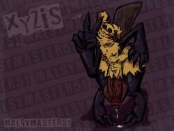 anthro balls big_balls big_hands big_penis blush bodily_fluids bottomless claws clenching_balls clothed clothing cum digitigrade disguise fake_tail finger_claws floppy_ears foreskin game_freak generation_7_pokemon genital_fluids genitals gesture hand_gesture hi_res hip_grab huge_balls huge_cock huge_hands humanoid hyper hyper_balls hyper_genitalia hyper_penis leaking_cum long_arms male malsymaster51 mimikyu nintendo pattern_background penis pokemon pokemon_(species) pose retracted_balls retracted_foreskin simple_background small_waist solo text thick_thighs toe_claws uncircumcised v_sign vein veiny_penis wide_hips wood_tail xyzis