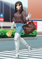 1girls bag belt belt_buckle black_belt blue_pants boot_fetish boots brown_hair buckle crosswalk denim elbow_carry elbow_gloves english english_text enkaboots female female female_only gloves handbag hedge heel_boots heeled_boots heels high_heel_boots high_heels highres imminent_sex jeans leather leather_boots leather_clothing leather_gloves long_hair long_hair_female looking_at_viewer older_female original original_character original_characters outdoors pants pants_tucked_in plastic_bag road_sign shopping sign smile solo sweater sweater_dress thigh_boots thigh_highs thighhigh_boots thighhighs thighs tight_clothing turtleneck turtleneck_sweater walking white_boots white_gloves yellow_bag