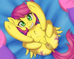 2017 anus ass clitoris cutie_mark dock equine fan_character fearingfun female feral green_eyes grin hair looking_at_viewer lying mammal my_little_pony on_back pegasus pillow pussy smile solo wings