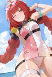 1girls absurdres arm_up beach blue_sky blush breasts cameltoe cleavage clenched_teeth cloud commentary day eyewear_on_head female green_eyes green_eyes_female highleg highres long_hair looking_at_viewer medium_breasts ocean one-piece_swimsuit one_eye_closed open_mouth pink_one-piece_swimsuit red_hair red_hair_female sky smile solo swimsuit teeth thigh_belt twintails two-tone_one-piece_swimsuit ukinami_yuzuha ukinami_yuzuha_(tanuki_in_broad_daylight) weimiaw wet white_one-piece_swimsuit zenless_zone_zero